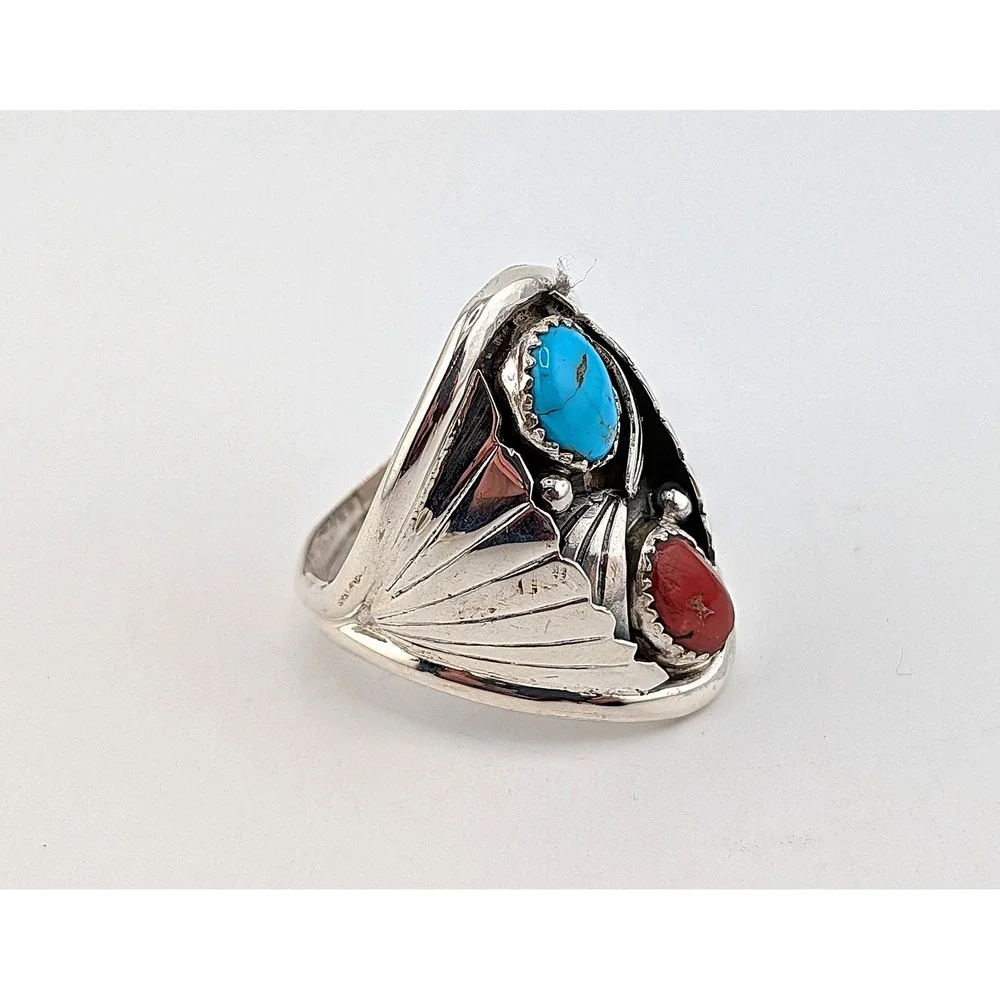 Navajo Men's Ring Sterling Turquoise Coral by J. Begay 13.5 Southwest Artisan*** - Picture 4 of 9
